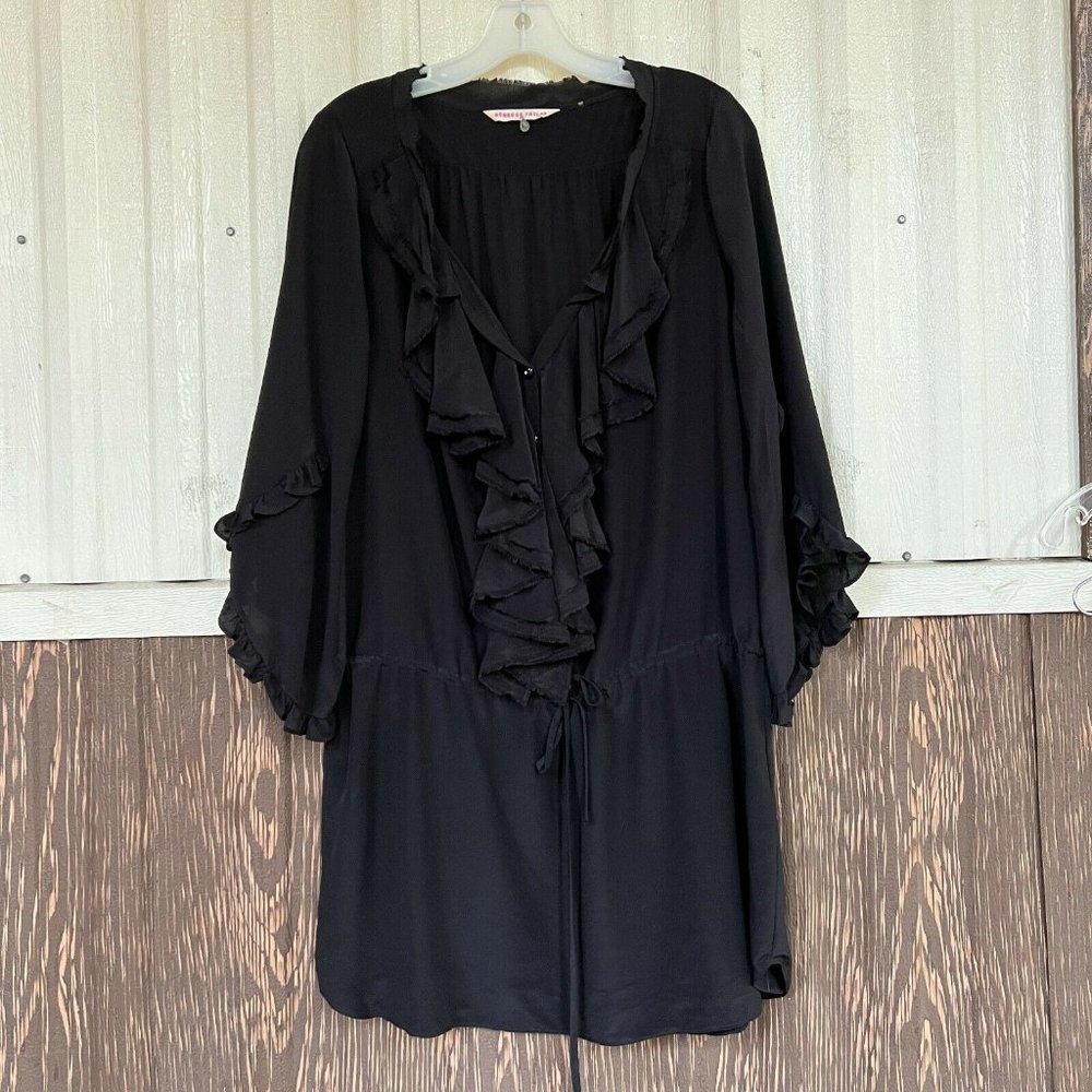 Rebecca Taylor black blouse flowy 100% silk cinch waist ruffle neck line